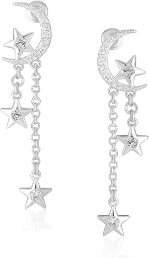 MESOVOR Moon Star Dangle Earrings, 16K Gold Plated Drop Tassel | Sparkling Zirconia Asymmetrical Earrings for Women