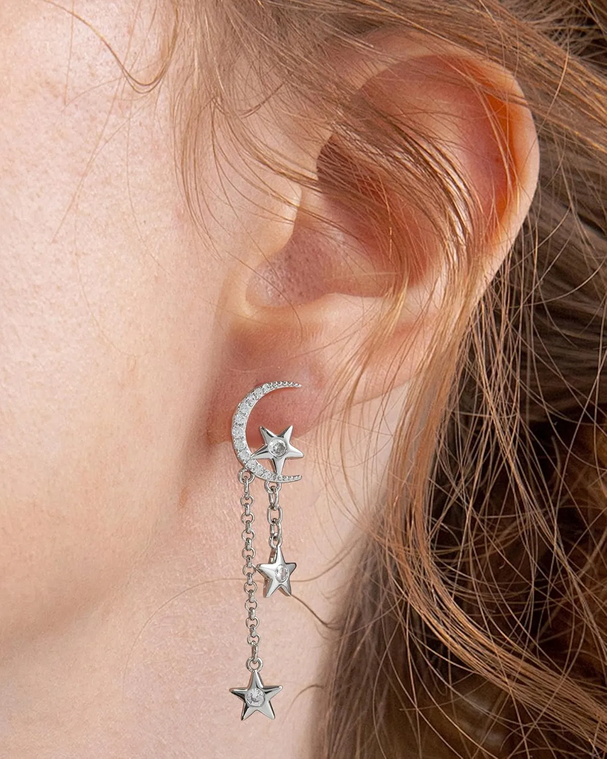 MESOVOR Moon Star Dangle Earrings, 16K Gold Plated Drop Tassel | Sparkling Zirconia Asymmetrical Earrings for Women