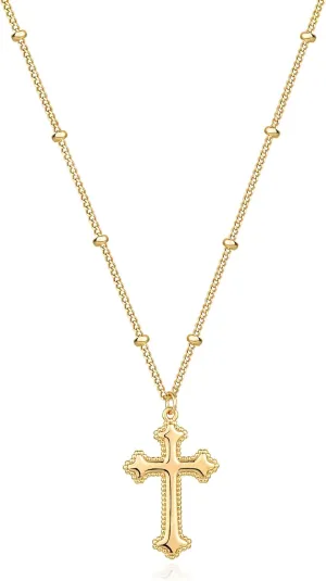 MEVECCO Gold Dainty Cross Necklace for Women,18K Gold Plated Bead Cross Faith Pendant Necklace Minimalist Handmade Crucifix Chain Jewelry Gift