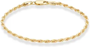 Miabella 18K Gold Over Sterling Silver Italian 2mm, 3mm Diamond-Cut Braided Rope Chain Bracelet for Men Women, Solid 925 Made in Italy