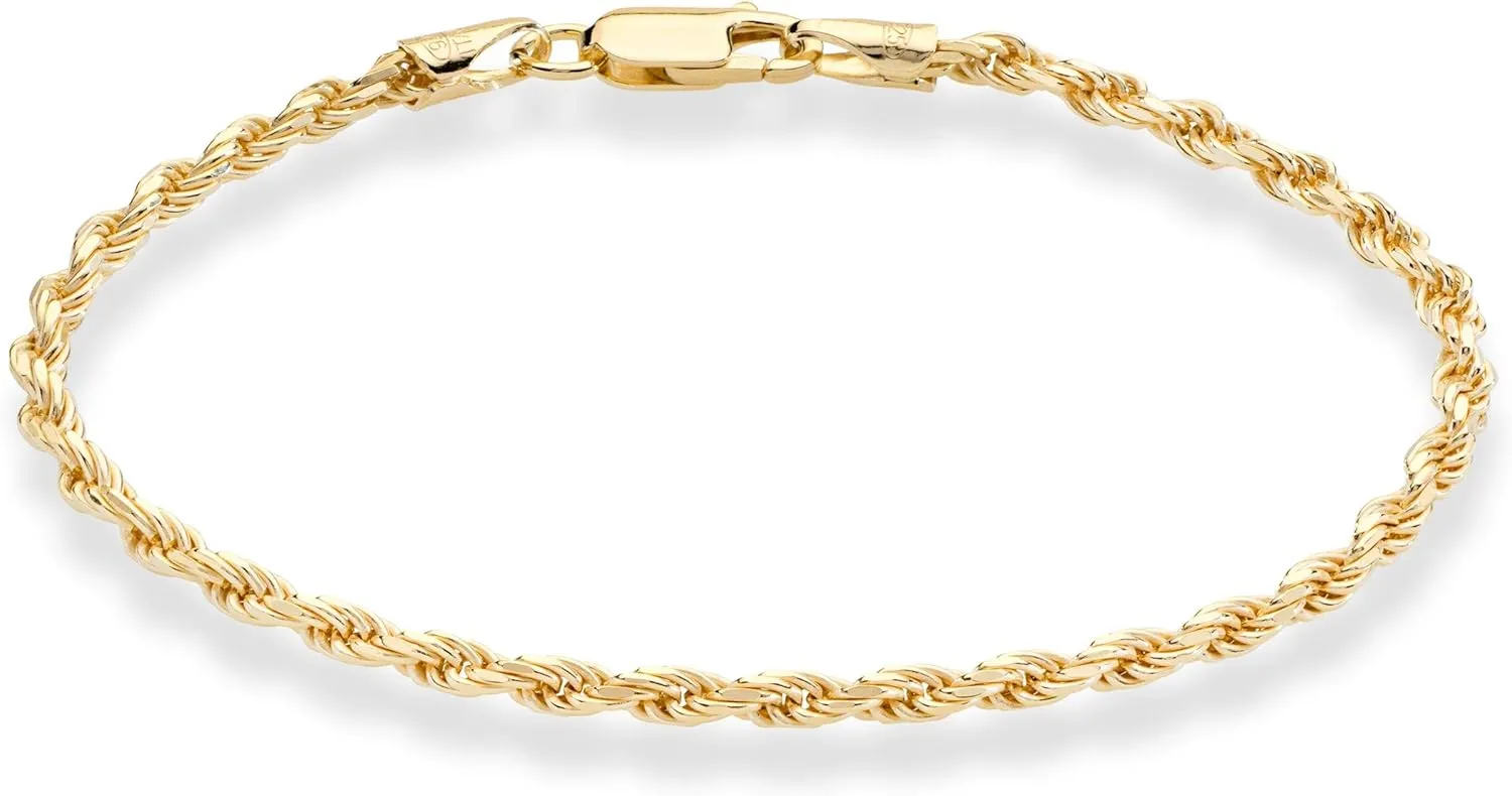 Miabella 18K Gold Over Sterling Silver Italian 2mm, 3mm Diamond-Cut Braided Rope Chain Bracelet for Men Women, Solid 925 Made in Italy