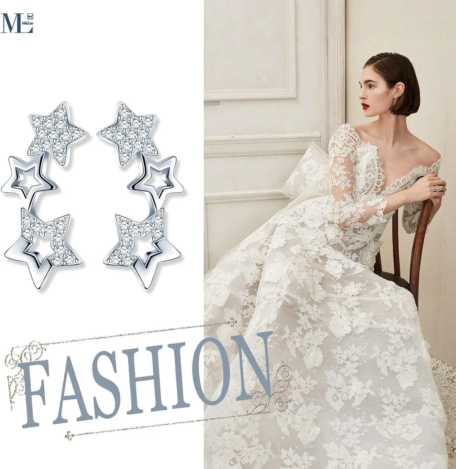 MicLee Stylish S925 Sterling Silver Stud Earrings Cubic Zirconia Stars Ear Crawlers for Women