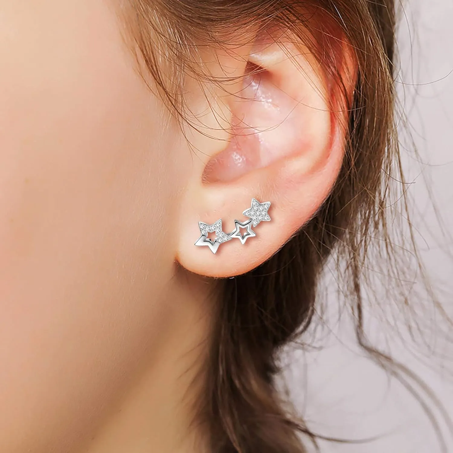 MicLee Stylish S925 Sterling Silver Stud Earrings Cubic Zirconia Stars Ear Crawlers for Women