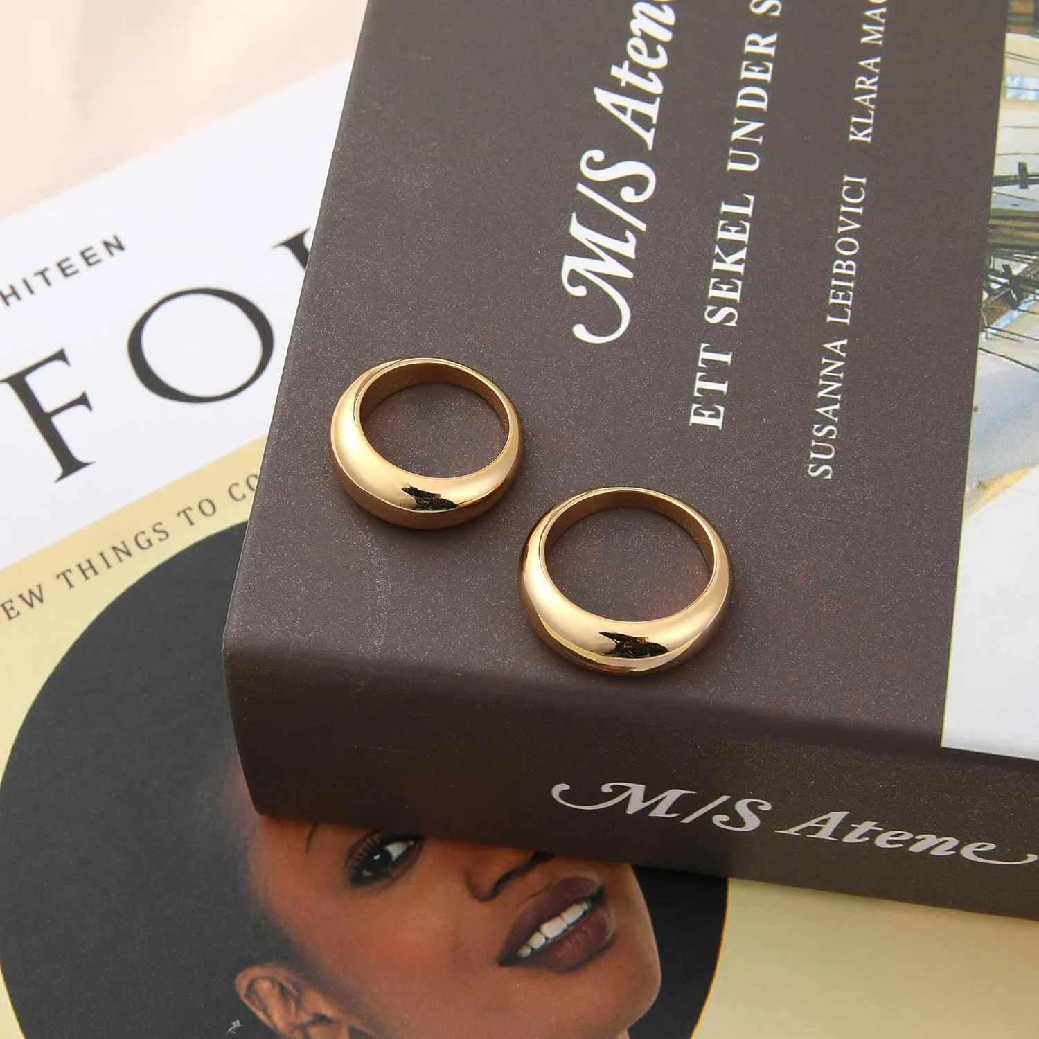 micuco Chunky Dome Rings for Women 14K Gold Plated Statement Ring Cubic Zirconia Inlay Gold Star Thick Rings