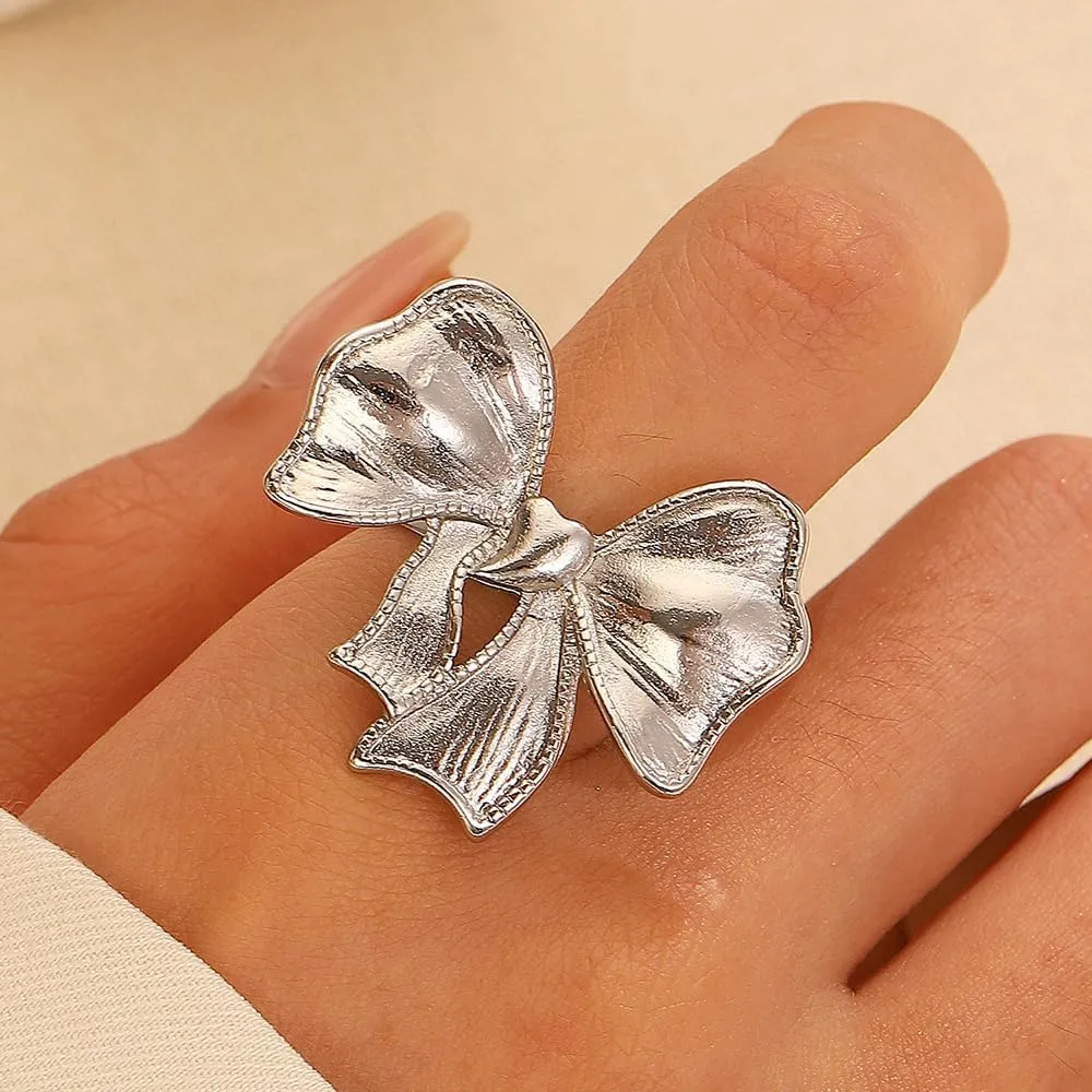 Minimalist Big Bow Knot Statement Open Ring for Women Girls Ribbon Bow Adjustable Expandable Knuckle Finger Rings Wedding Engagement Promise Bands Fashion Comfort Fit Jewelry Birthday Gifts Christmas