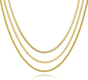 MJartoria Layered Gold Necklace for Women, 14K Gold Plated Trendy Dainty Chain Necklace Adjustable Chain Necklaces Gold Jewelry Gifts (Gold, Layered-3PCS-Classic Chain)