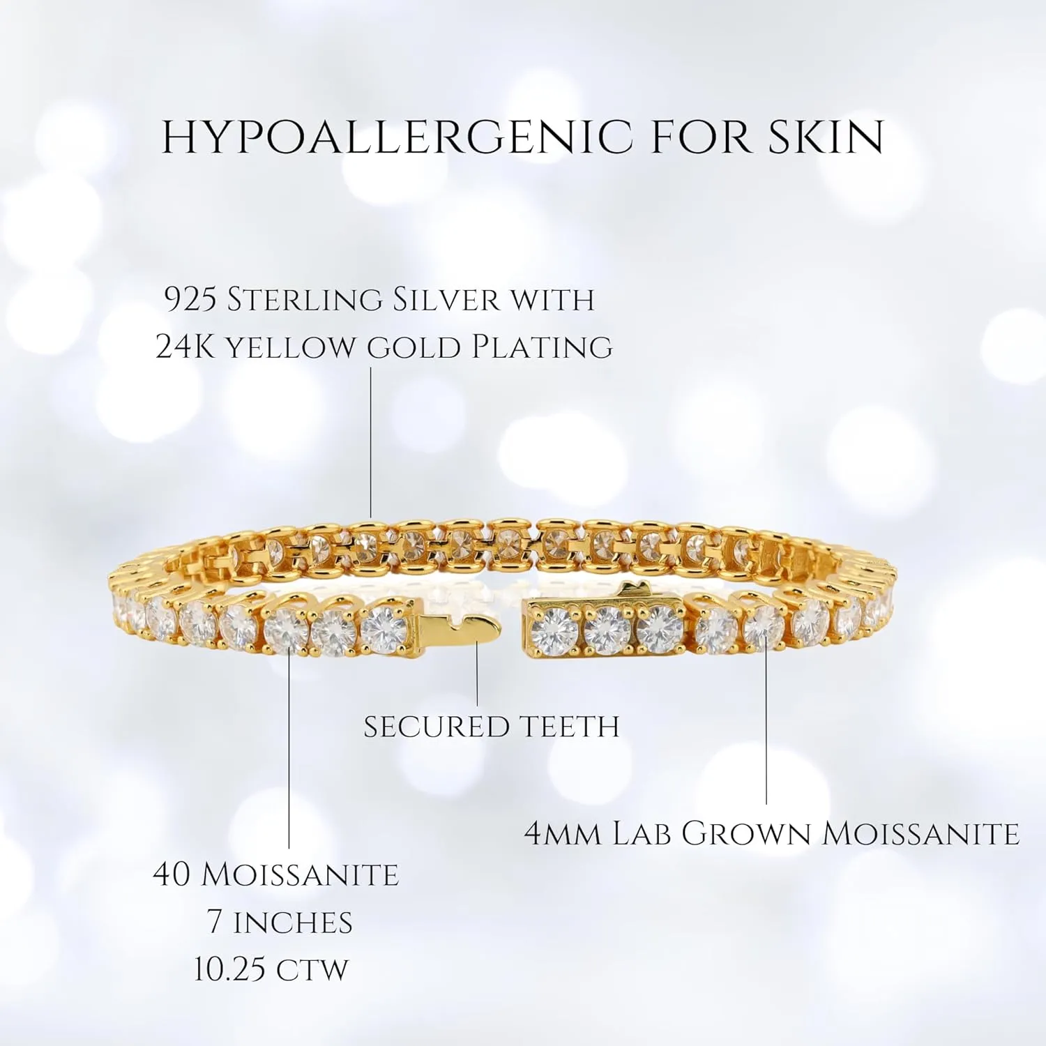 Moissanite Tennis Bracelet for Women | 3mm ~ 4mm D Color VVS1 | 8.2510.25 CTW | 7" Vermeil 24K Yellow Gold or Rhodium Plated Sterling Silver | Classic Scoop Link Design | Gift Ready by Adora Fine Jewelry