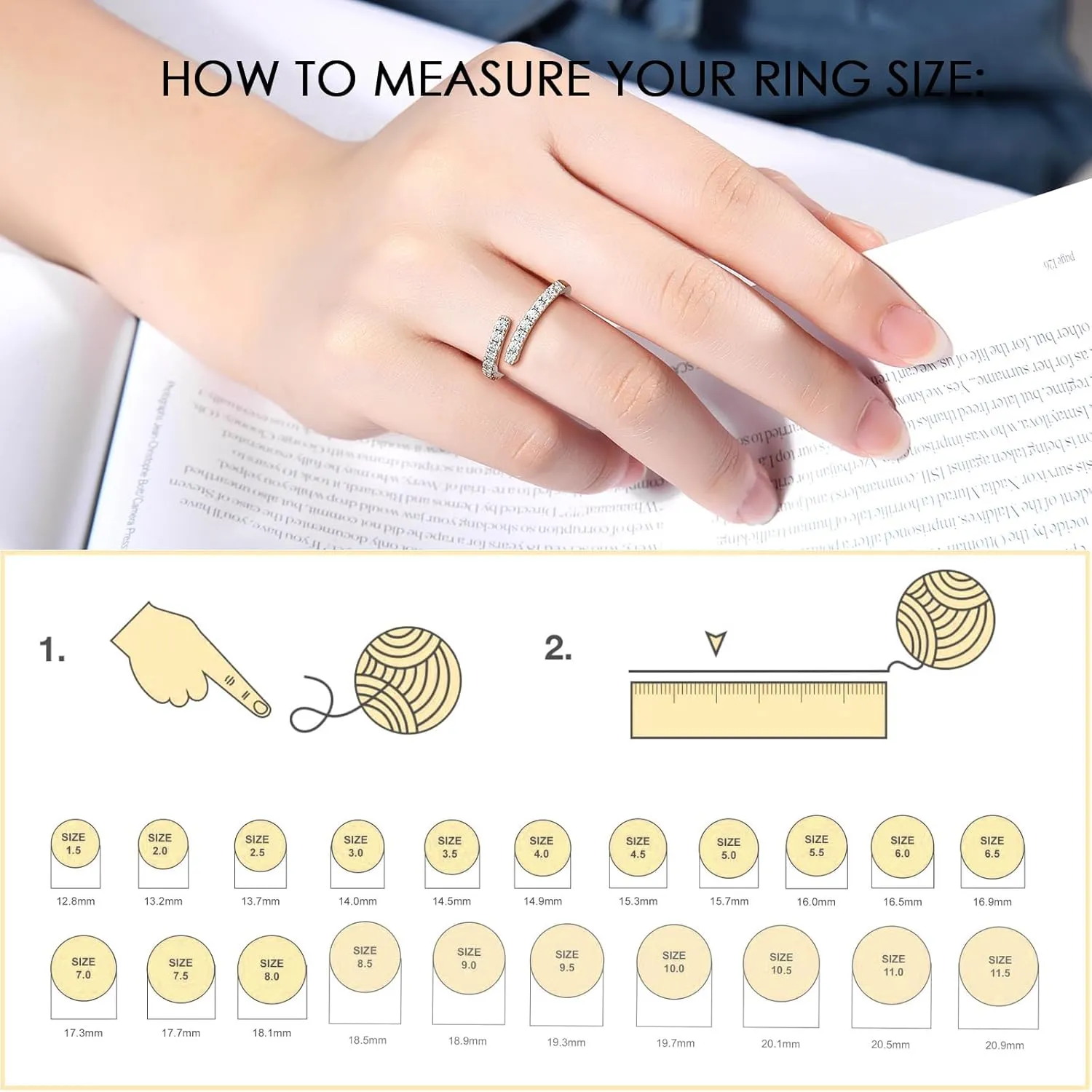 Moissanite Wedding Band Adjustable Open Twist for WomenD Color VVS1 Round Cut Diamond Eternity Ring S925 Sterling Silver with 18K White Gold Plated Stackable Gemstone Jewelry