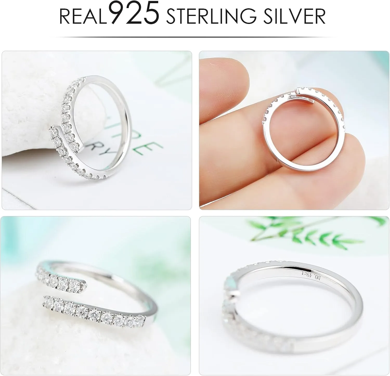Moissanite Wedding Band Adjustable Open Twist for WomenD Color VVS1 Round Cut Diamond Eternity Ring S925 Sterling Silver with 18K White Gold Plated Stackable Gemstone Jewelry
