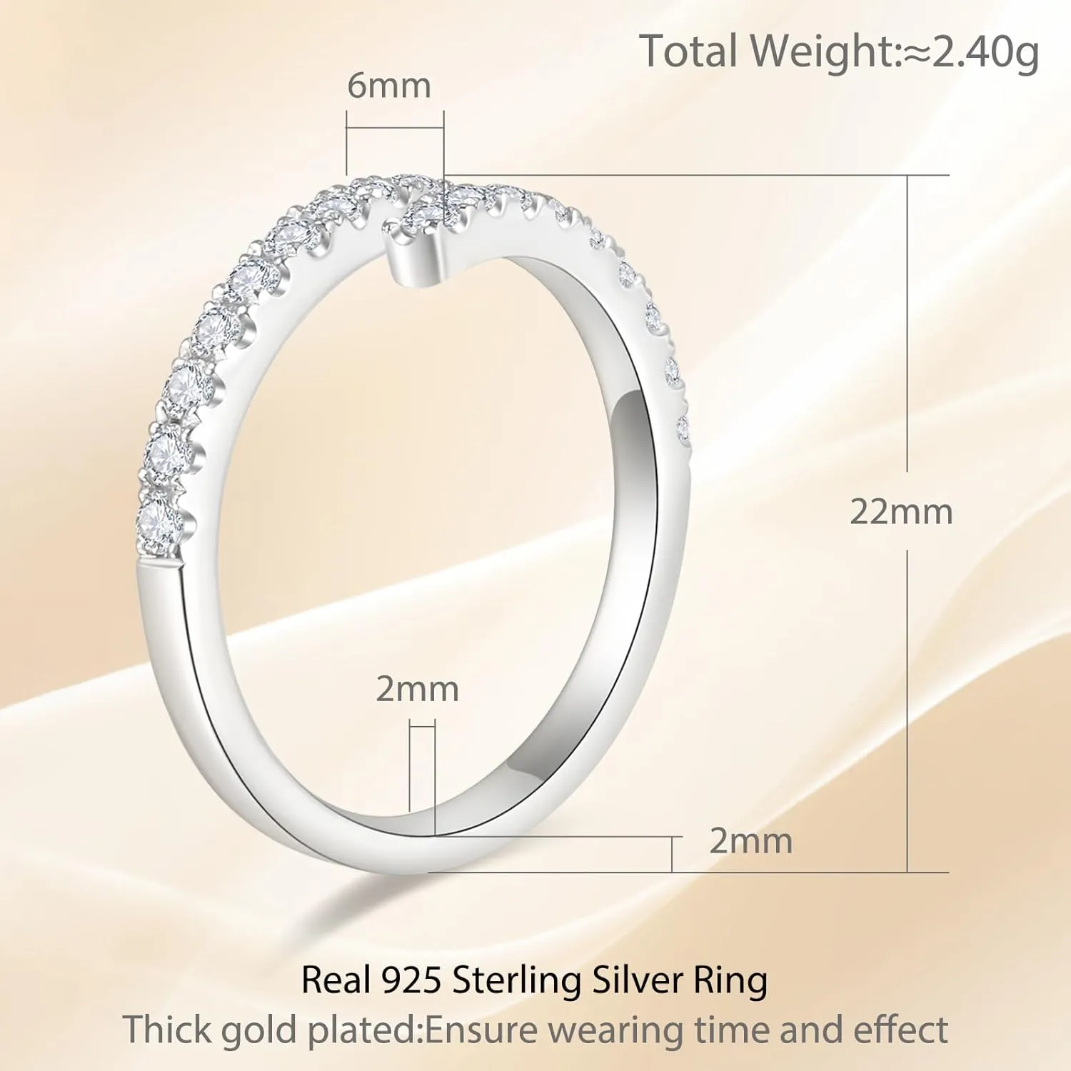 Moissanite Wedding Band Adjustable Open Twist for WomenD Color VVS1 Round Cut Diamond Eternity Ring S925 Sterling Silver with 18K White Gold Plated Stackable Gemstone Jewelry