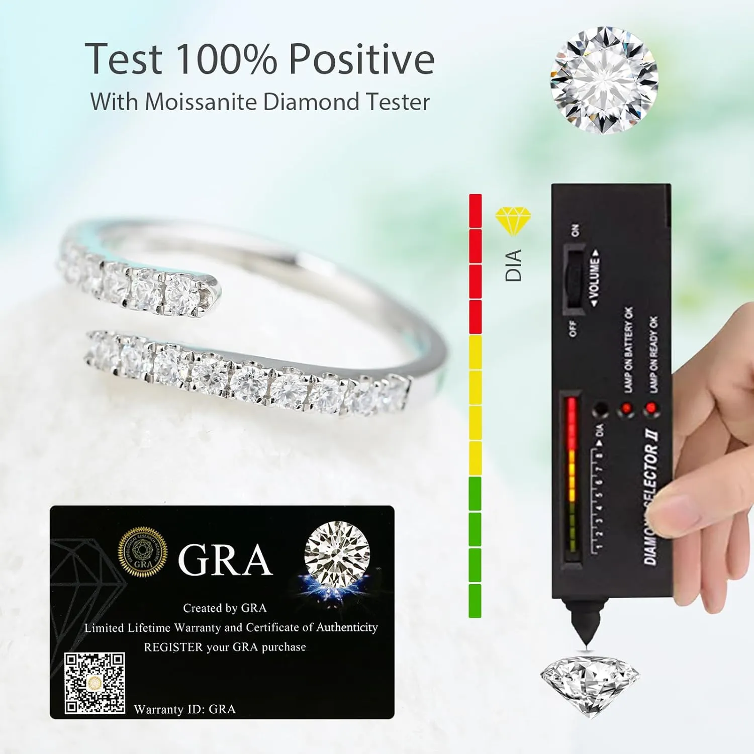 Moissanite Wedding Band Adjustable Open Twist for WomenD Color VVS1 Round Cut Diamond Eternity Ring S925 Sterling Silver with 18K White Gold Plated Stackable Gemstone Jewelry