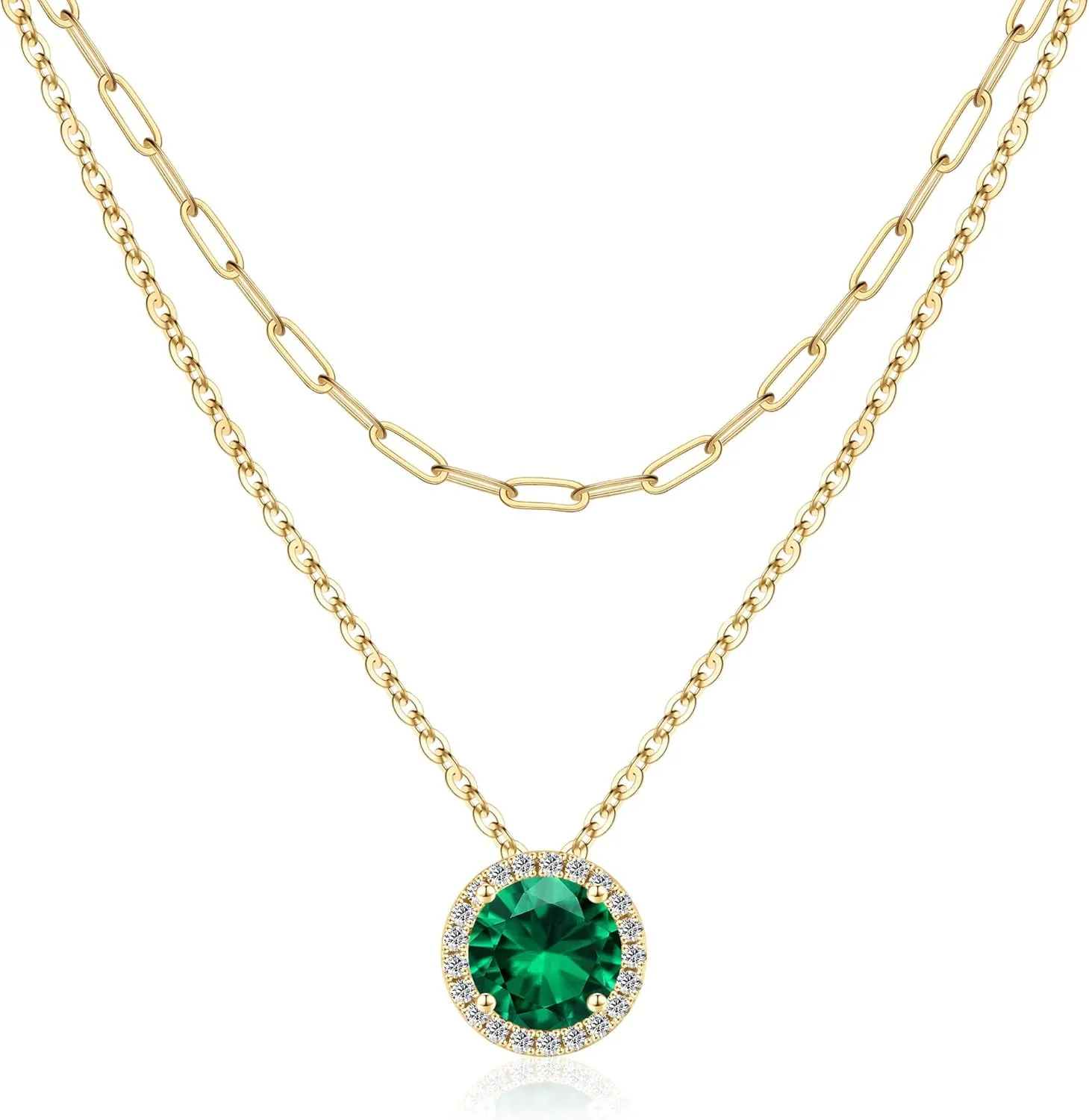 MONOOC Layered Birthstone Necklace for Women, 14K Solid Gold Over Paperclip Chain Necklace Classic Round Pendant Birthstone Necklace Birthstone Jewelry for Women Gifts Birthday Gifts