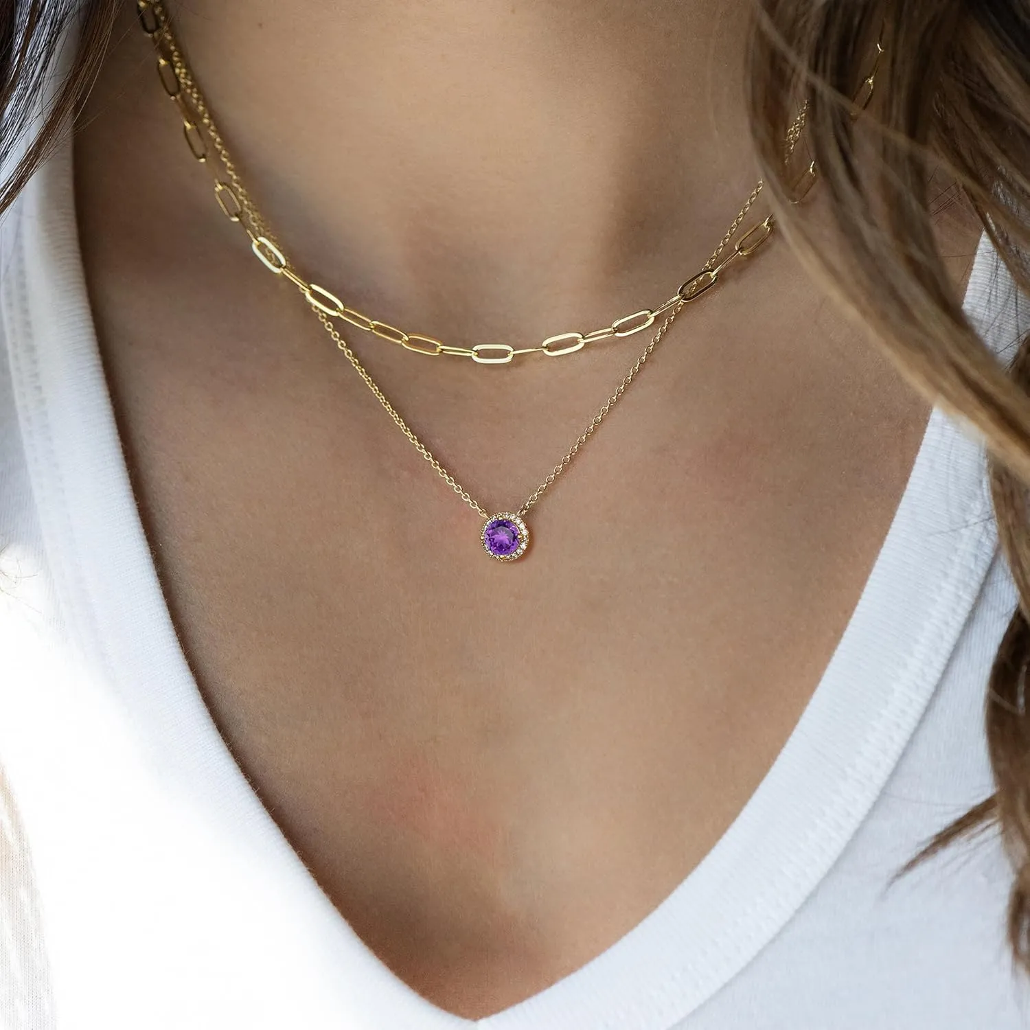 MONOOC Layered Birthstone Necklace for Women, 14K Solid Gold Over Paperclip Chain Necklace Classic Round Pendant Birthstone Necklace Birthstone Jewelry for Women Gifts Birthday Gifts