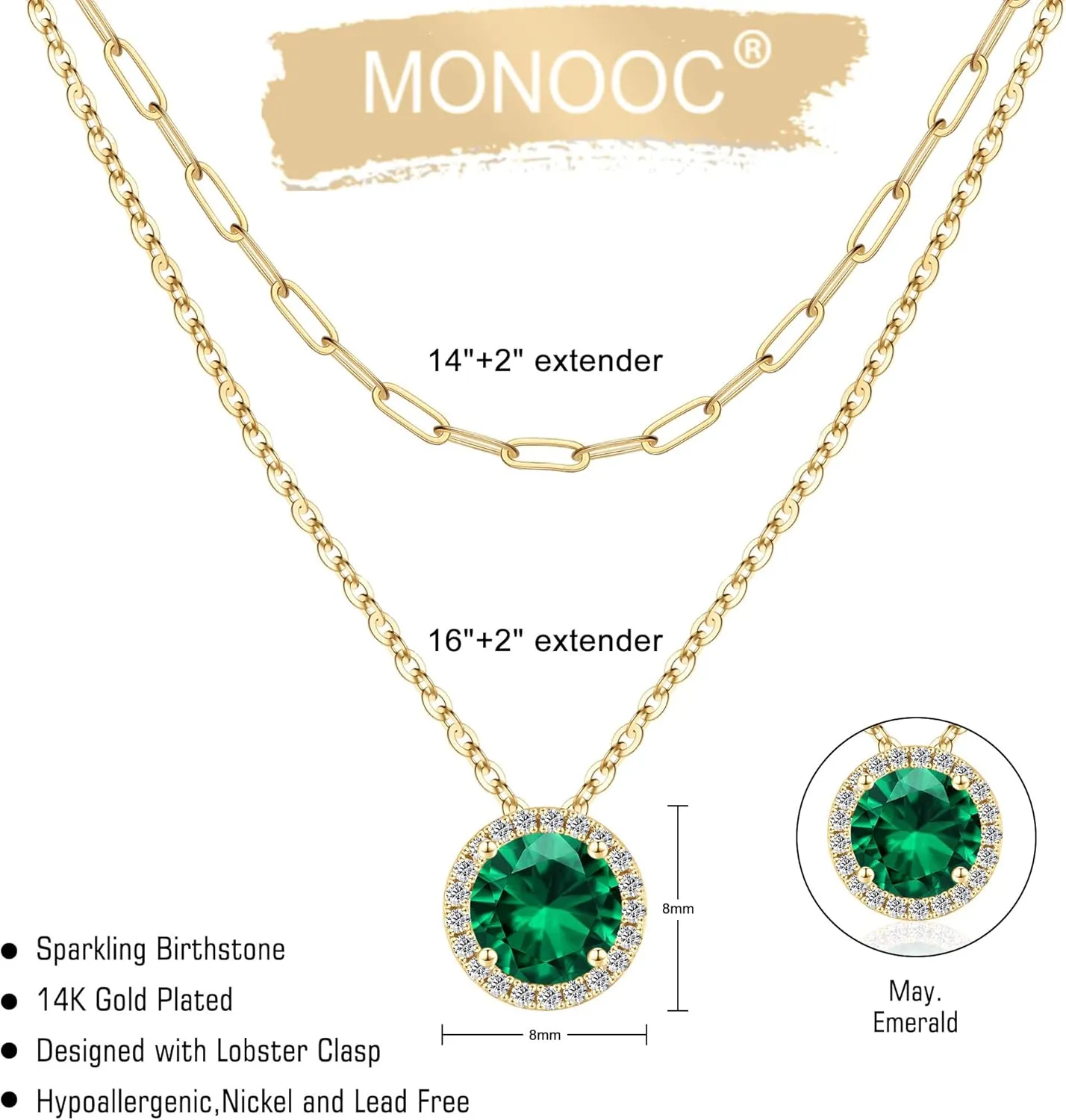 MONOOC Layered Birthstone Necklace for Women, 14K Solid Gold Over Paperclip Chain Necklace Classic Round Pendant Birthstone Necklace Birthstone Jewelry for Women Gifts Birthday Gifts