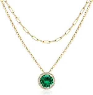 MONOOC Layered Birthstone Necklace for Women, 14K Solid Gold Over Paperclip Chain Necklace Classic Round Pendant Birthstone Necklace Birthstone Jewelry for Women Gifts Birthday Gifts
