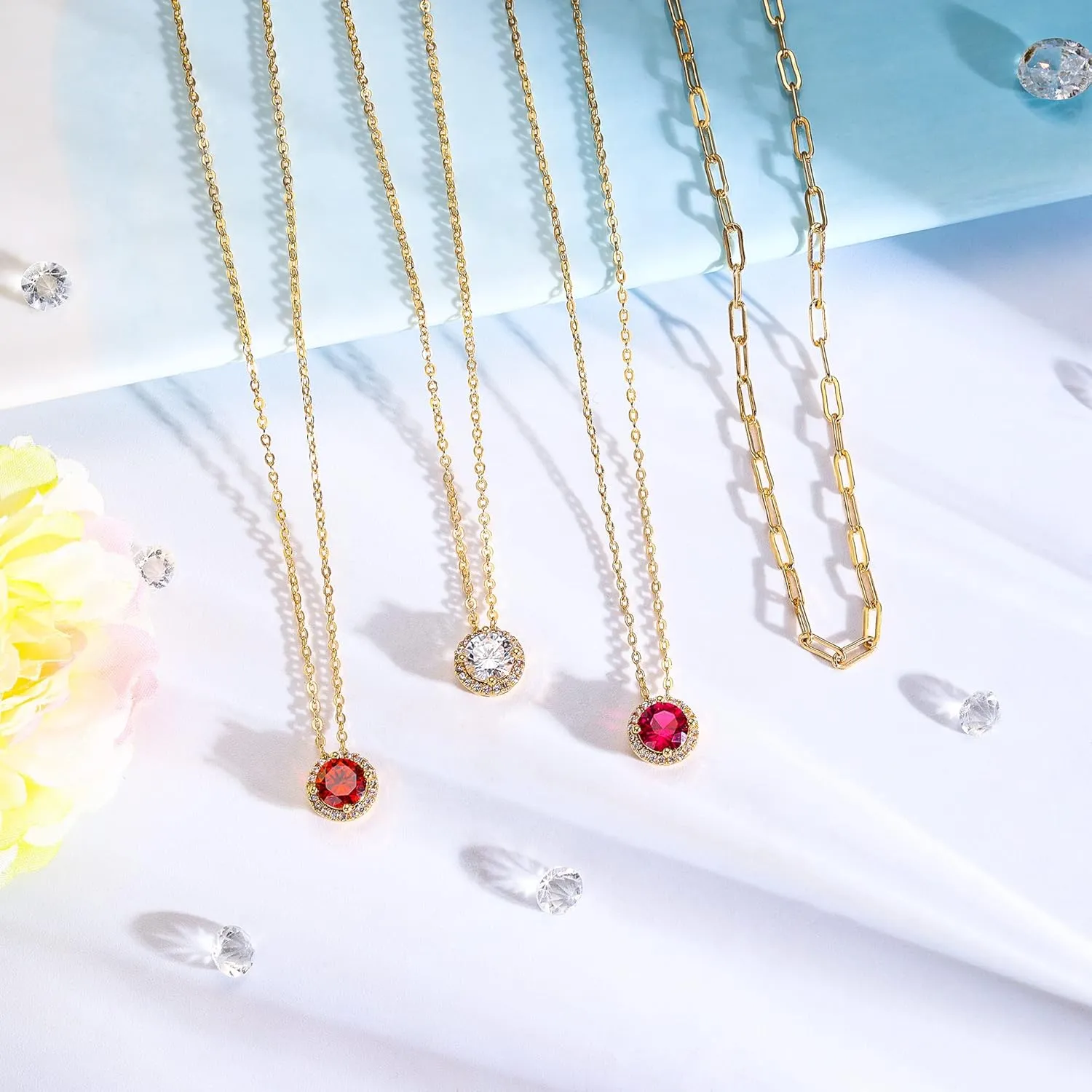 MONOOC Layered Birthstone Necklace for Women, 14K Solid Gold Over Paperclip Chain Necklace Classic Round Pendant Birthstone Necklace Birthstone Jewelry for Women Gifts Birthday Gifts