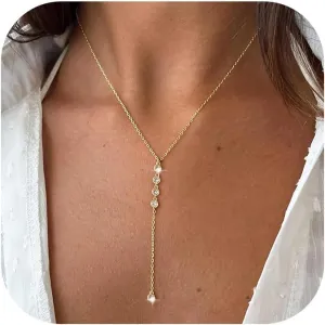 Moodear Gold Lariat Necklace for Women - Dainty 14K Gold Plated/Silver Long Chain Layered Drop Necklaces Trendy Y-Shaped Cubic Zirconia Pendant Necklace for Her