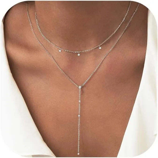Moodear Gold Lariat Necklace for Women - Dainty 14K Gold Plated/Silver Long Chain Layered Drop Necklaces Trendy Y-Shaped Cubic Zirconia Pendant Necklace for Her