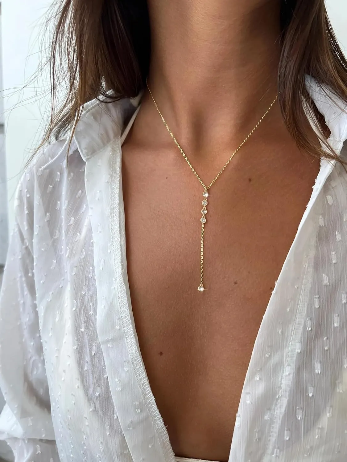 Moodear Gold Lariat Necklace for Women - Dainty 14K Gold Plated/Silver Long Chain Layered Drop Necklaces Trendy Y-Shaped Cubic Zirconia Pendant Necklace for Her