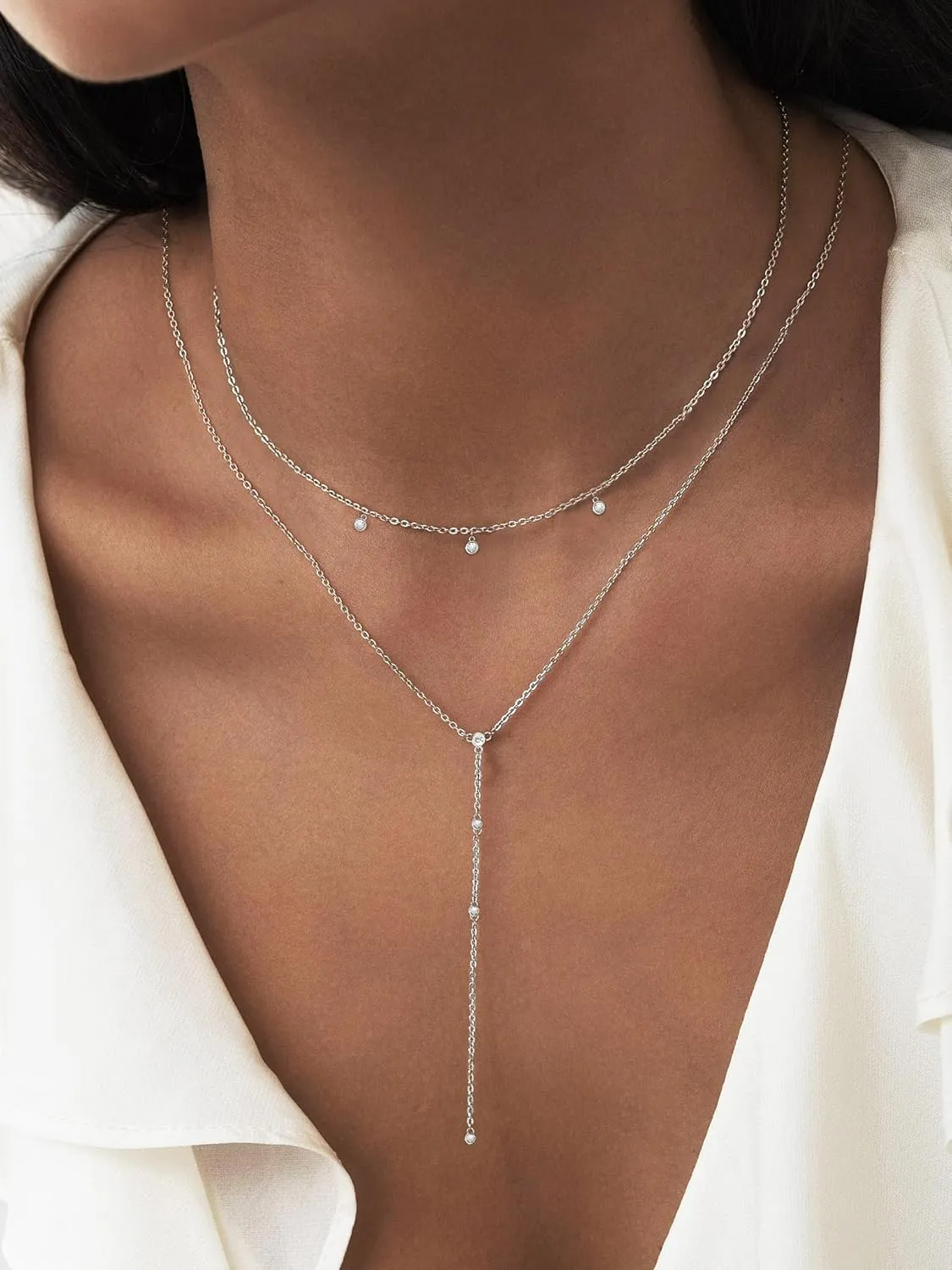 Moodear Gold Lariat Necklace for Women - Dainty 14K Gold Plated/Silver Long Chain Layered Drop Necklaces Trendy Y-Shaped Cubic Zirconia Pendant Necklace for Her