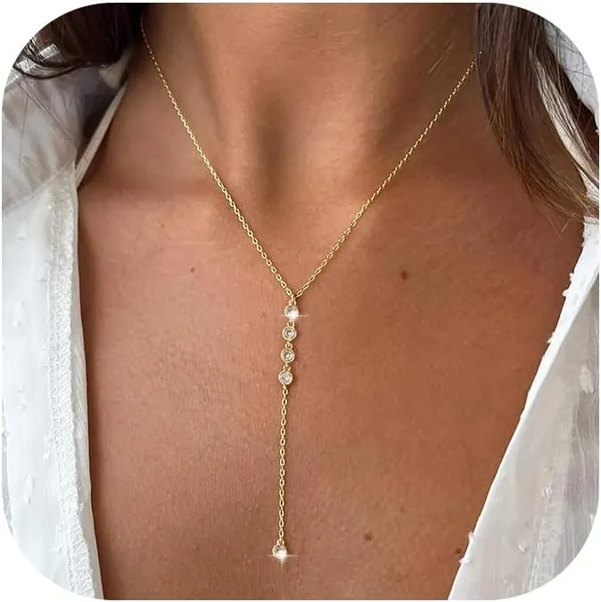Moodear Gold Lariat Necklace for Women - Dainty 14K Gold Plated/Silver Long Chain Layered Drop Necklaces Trendy Y-Shaped Cubic Zirconia Pendant Necklace for Her