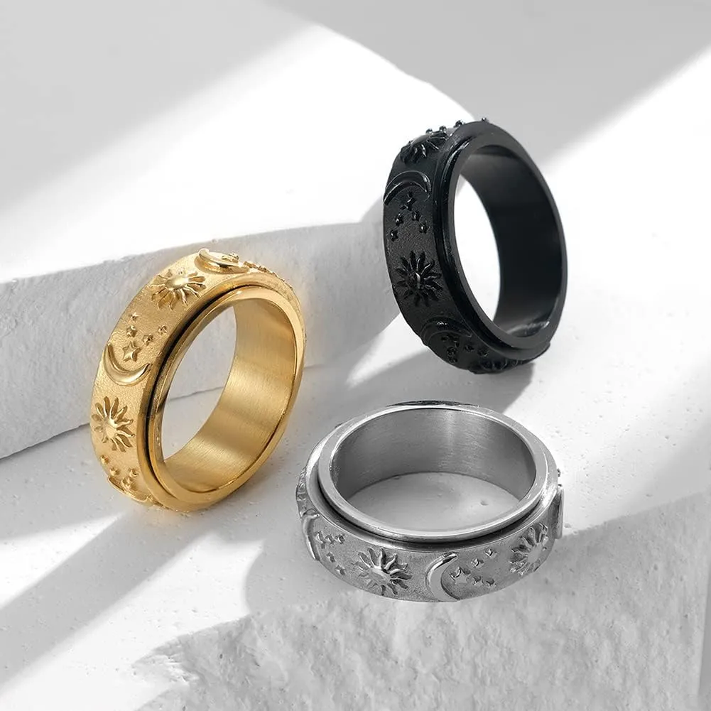Moon and Star Ring Stress Relieving Anxiety Ring Titanium Steel Spinner Rings Engagement Wedding Rings