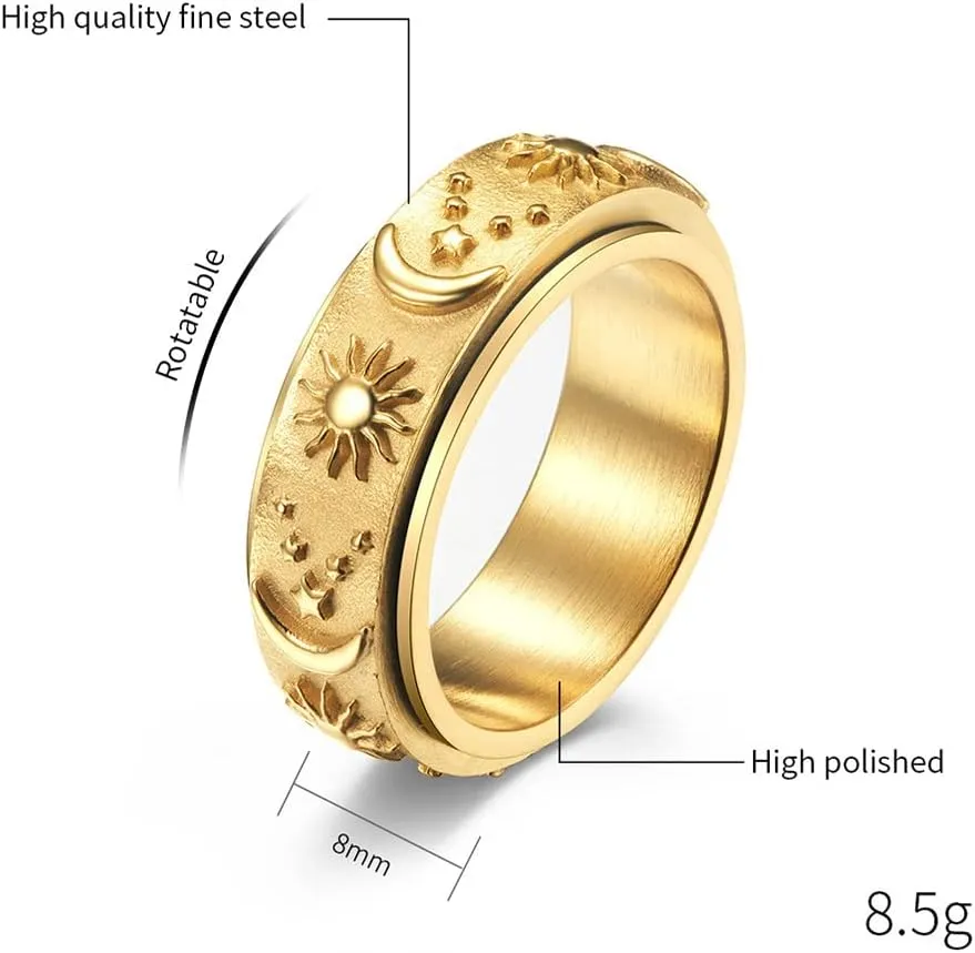 Moon and Star Ring Stress Relieving Anxiety Ring Titanium Steel Spinner Rings Engagement Wedding Rings