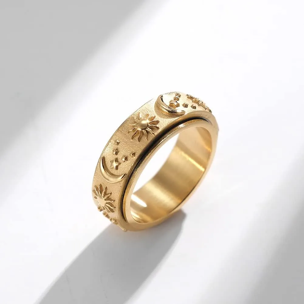 Moon and Star Ring Stress Relieving Anxiety Ring Titanium Steel Spinner Rings Engagement Wedding Rings