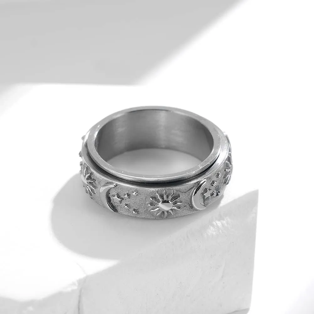 Moon and Star Ring Stress Relieving Anxiety Ring Titanium Steel Spinner Rings Engagement Wedding Rings