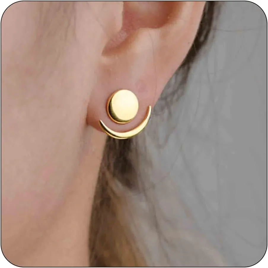 Moon Earrings for Women, Trendy Gold/Silver Moon Ear Jacket Earrings Simple Statement Copper Geometric Celestial Tiny Earrings Jewelry Gifts