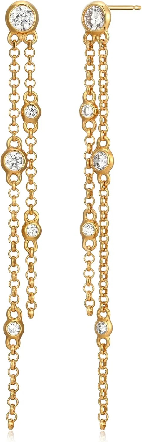 MORGAN & PAIGE .925 Sterling Silver 18K Yellow Gold Plated Two-Tone Cubic Zirconia Long Chain Drop Earrings (2.2 cttw) - Elegant Multi Chain Gold Earrings for Women, Sparkling CZ Accents Jewelry
