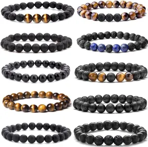 MOZAKA 10Pcs 8mm Natural Stone Lava Rock Beaded Bracelets for Men Women Tiger Eye Hematite Black Lava Stone Bead Bracelets Bulk