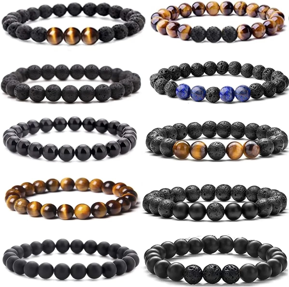 MOZAKA 10Pcs 8mm Natural Stone Lava Rock Beaded Bracelets for Men Women Tiger Eye Hematite Black Lava Stone Bead Bracelets Bulk