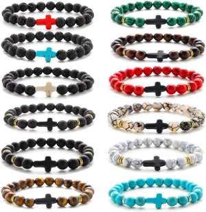 MOZAKA 12Pcs 8MM Cross Beads Bracelet for Men Women Lava Rock Tiger Eye Stone Howlite Stone Stretch Elastic Bracelet Set