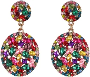 Multi-colored Crystal Drop Dangle Earrings Sparkling Rhinestone Paved Round Stud Earrings Vintage Bridal Wedding Statement Ear Jewelry for Women
