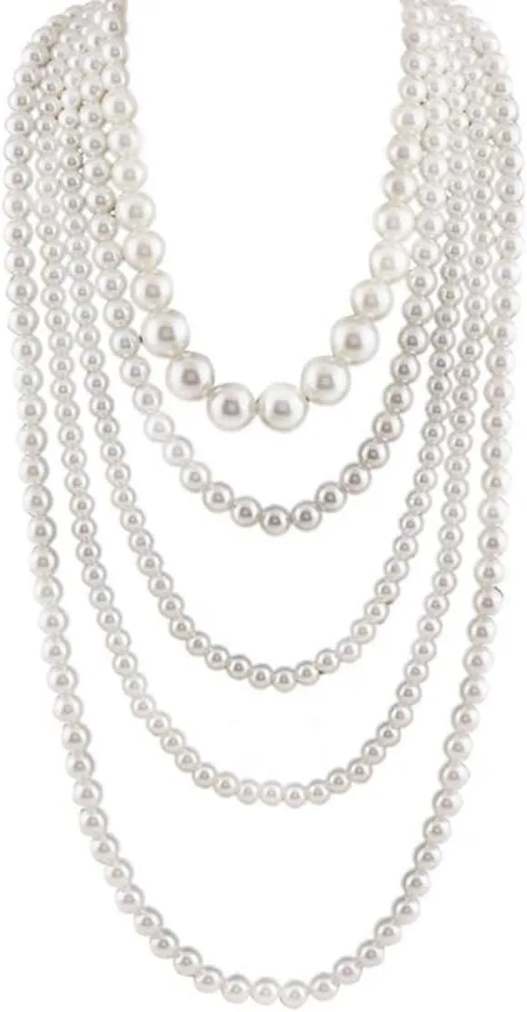 Multilayer Strand Long Choker Necklace,Flapper Beads Necklaces for Women, Fashion Imitation Faux Pearls Long Necklace Vintage Costume Jewelry Necklace