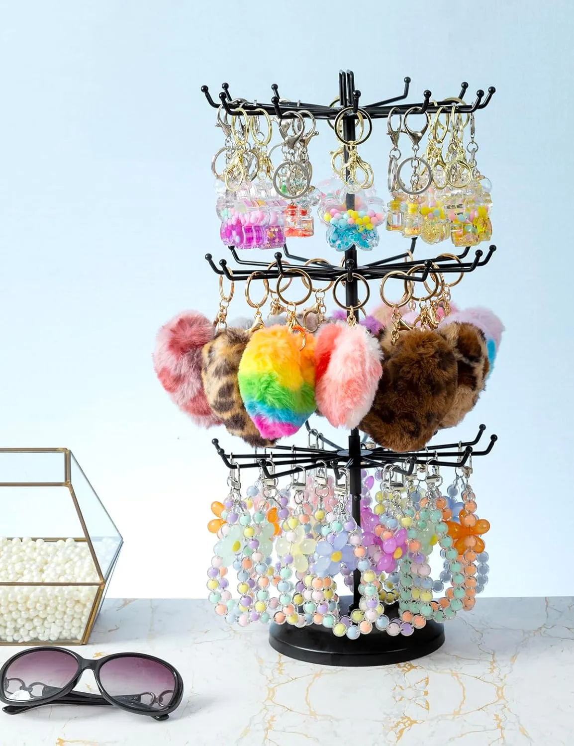 MyGift 3 Tier Classic Matte Black Metal Jewelry Tree with 360 Degree Rotating Arms, Spinning Necklace and Bracelet Tower Display Stand with 36 Hooks and Top Card Holder