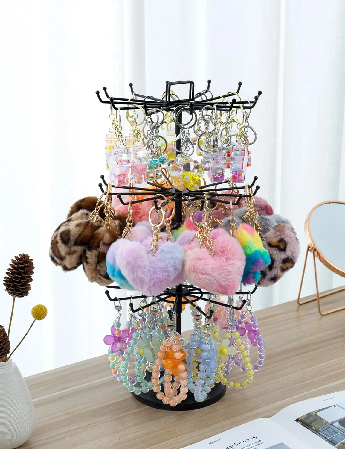 MyGift 3 Tier Classic Matte Black Metal Jewelry Tree with 360 Degree Rotating Arms, Spinning Necklace and Bracelet Tower Display Stand with 36 Hooks and Top Card Holder