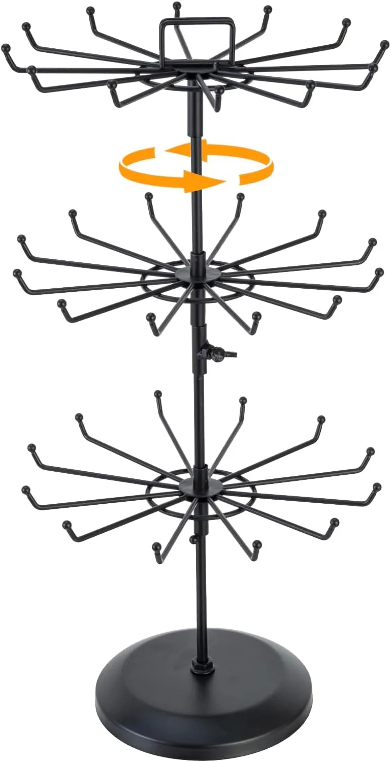 MyGift 3 Tier Classic Matte Black Metal Jewelry Tree with 360 Degree Rotating Arms, Spinning Necklace and Bracelet Tower Display Stand with 36 Hooks and Top Card Holder