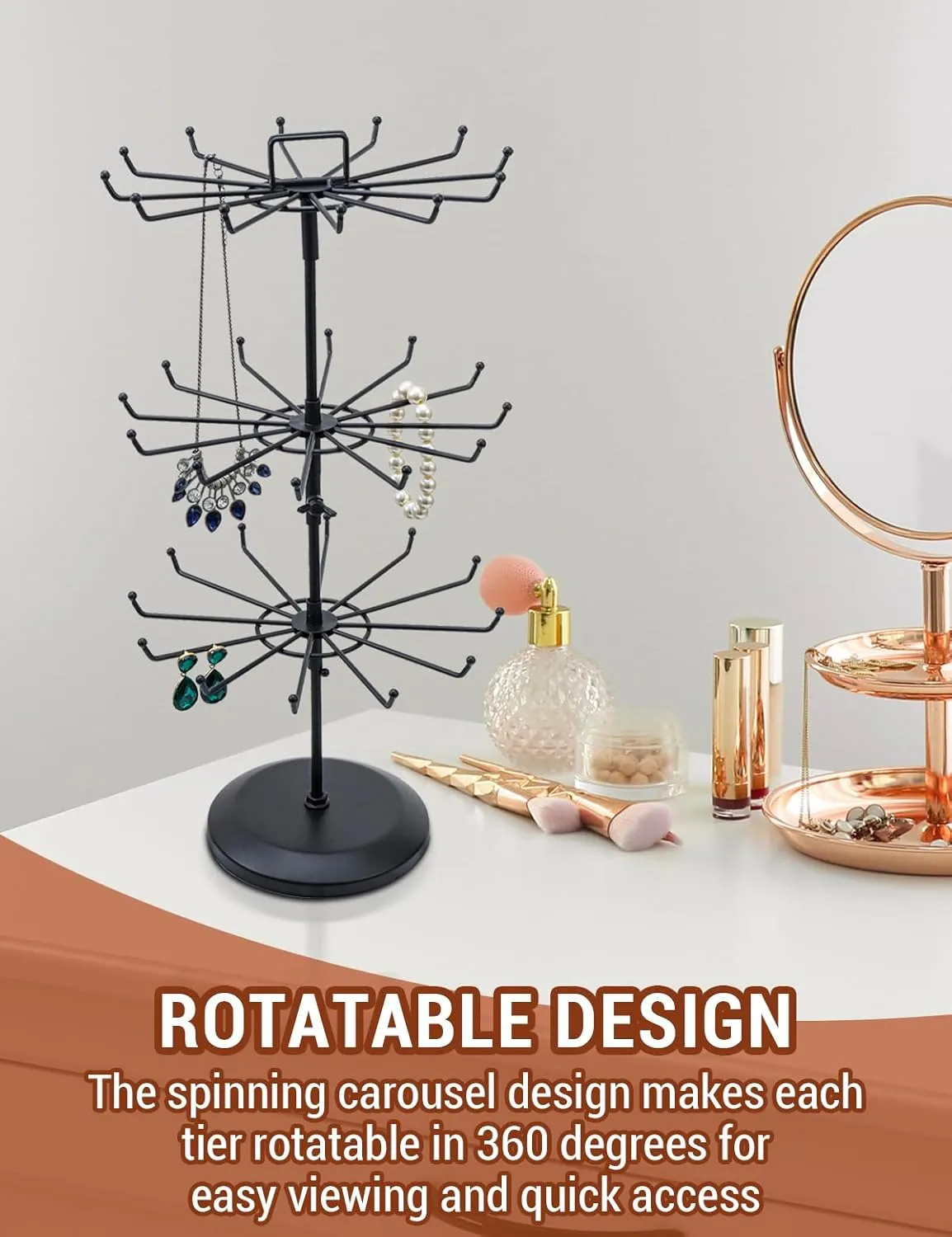 MyGift 3 Tier Classic Matte Black Metal Jewelry Tree with 360 Degree Rotating Arms, Spinning Necklace and Bracelet Tower Display Stand with 36 Hooks and Top Card Holder