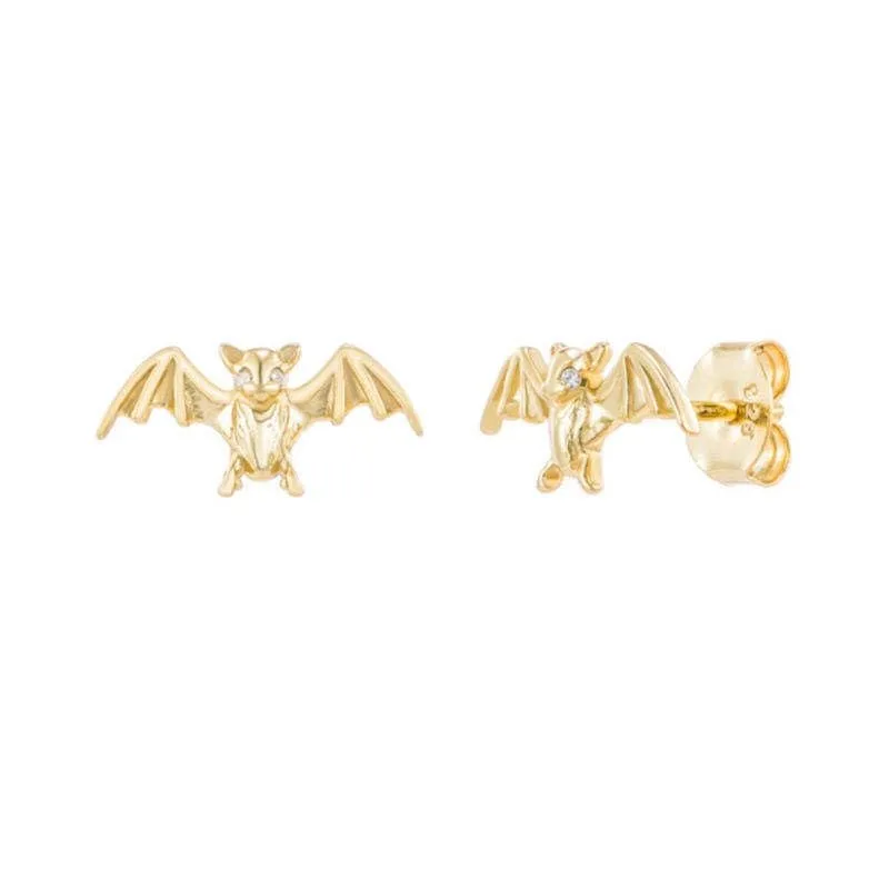 Mystical Flutter: 925 Silver Cute Animal Bat Zircon Gold-Plated Stud Earrings for Halloween (gold)
