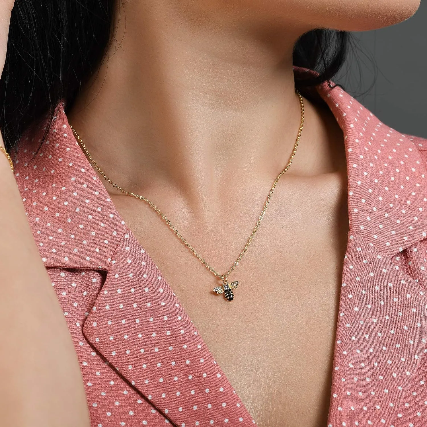 namana Bumble Bee Necklace for Women, Dainty Pendant Necklace with Cubic Zirconia and Black Enamel, Bumble Bee Jewelry Gifts for Women