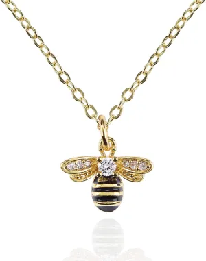namana Bumble Bee Necklace for Women, Dainty Pendant Necklace with Cubic Zirconia and Black Enamel, Bumble Bee Jewelry Gifts for Women