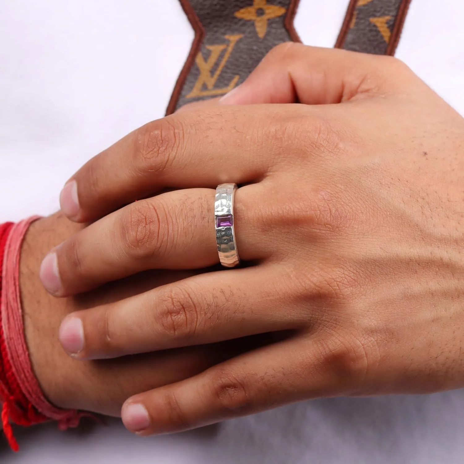 Natural Amethyst Mens Ring 925 Sterling Silver Hammered Wedding Band Mens Amethyst Ring Men Promise Ring Gift for Him