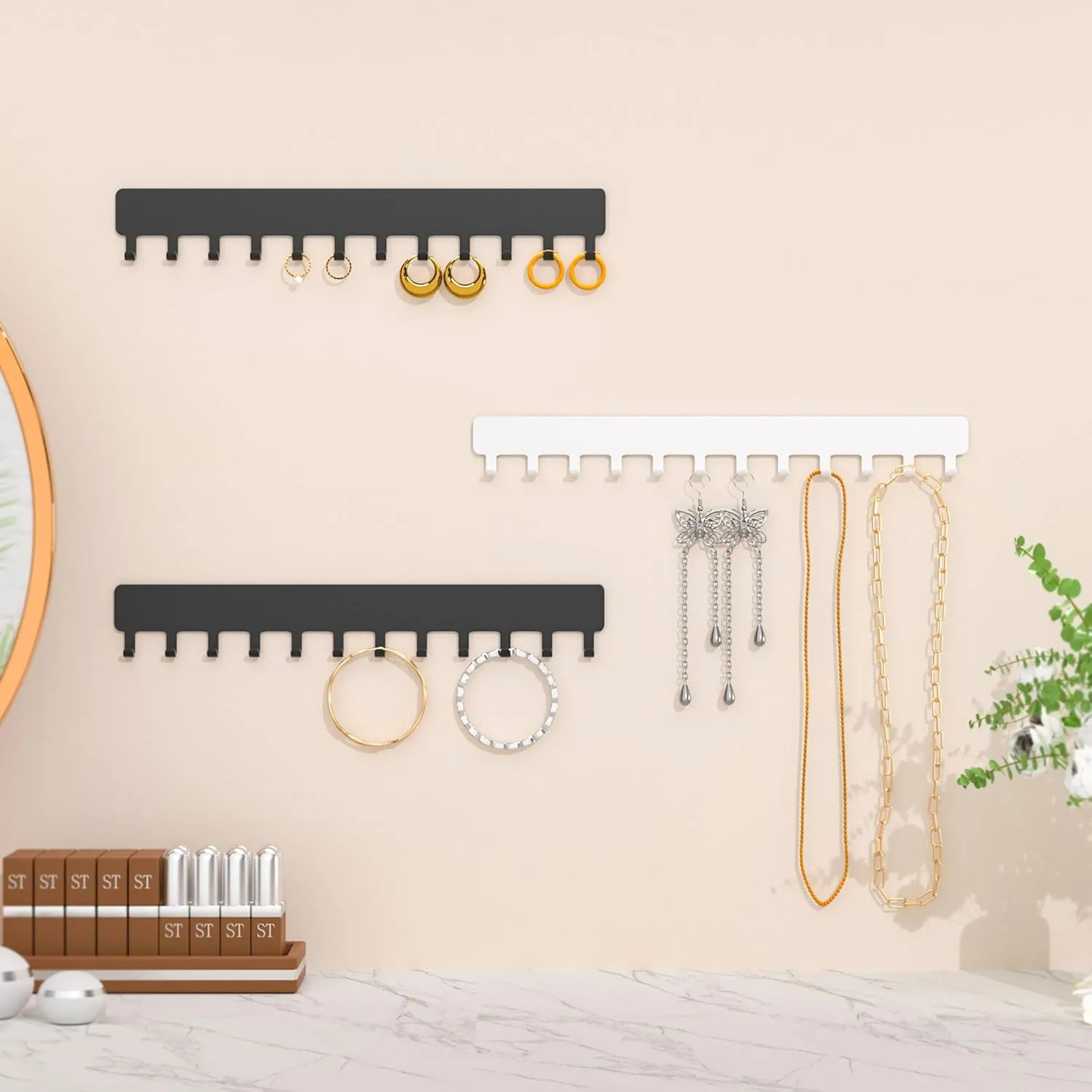 Necklace Holder - Hanging Jewelry Organizer, Self-Adhesive, Wall Mount, 2 Pack, Black