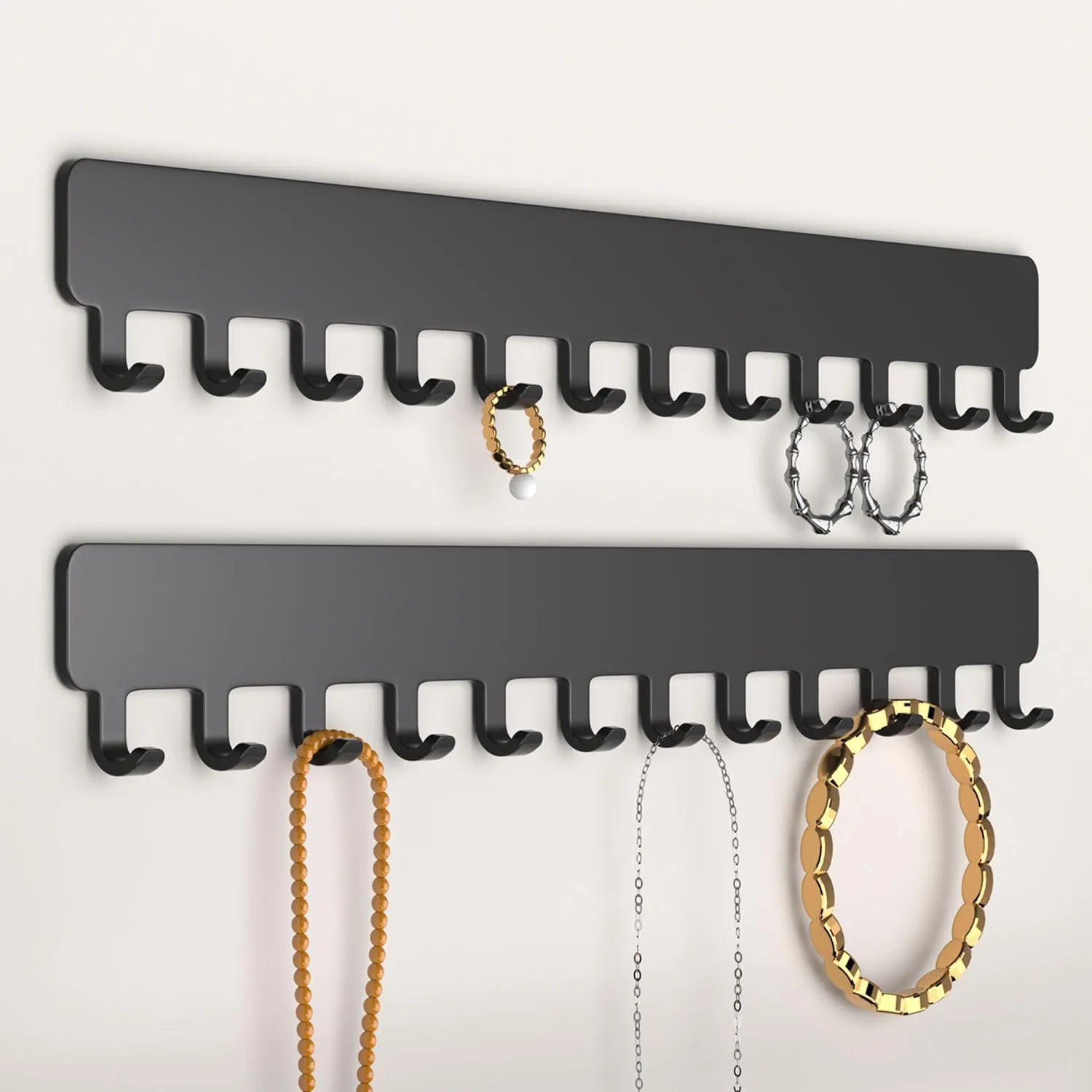 Necklace Holder - Hanging Jewelry Organizer, Self-Adhesive, Wall Mount, 2 Pack, Black