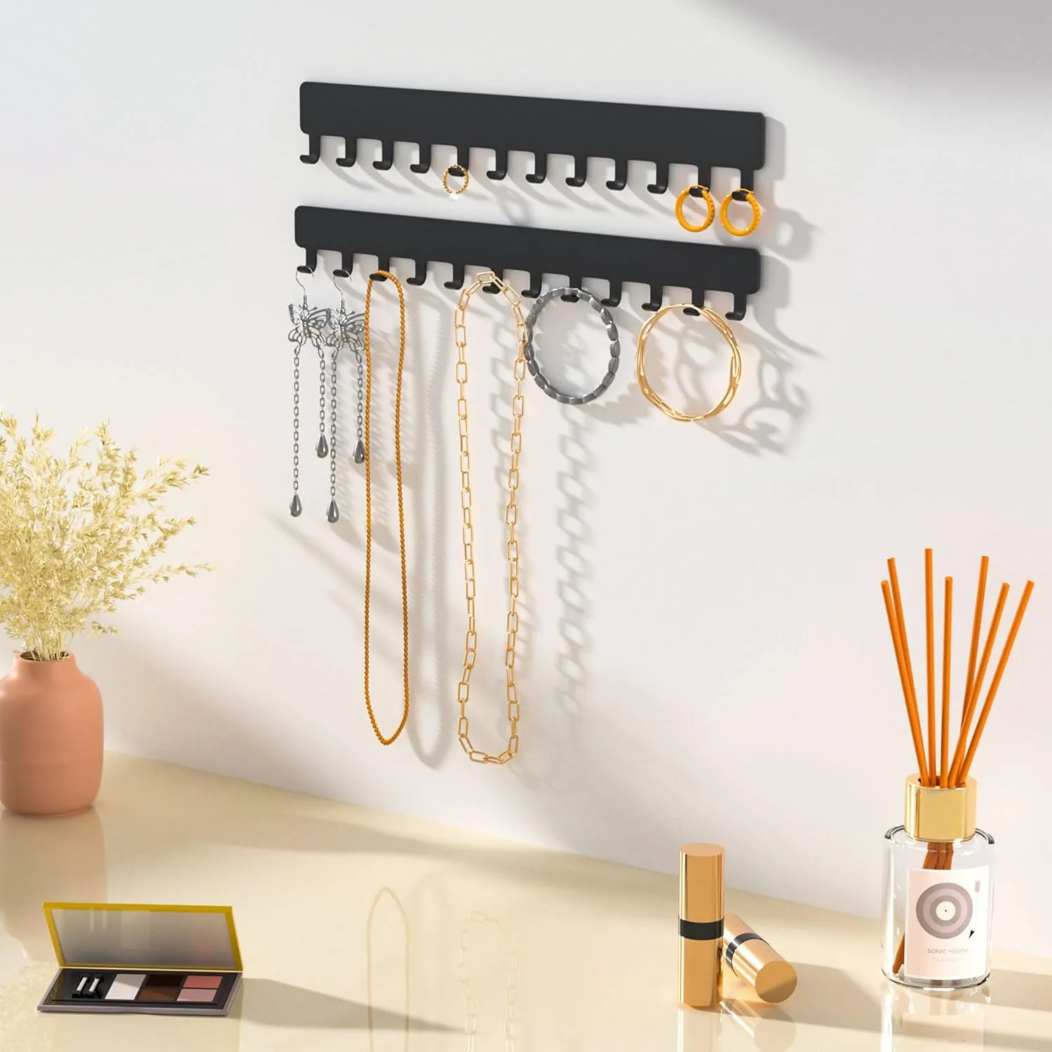 Necklace Holder - Hanging Jewelry Organizer, Self-Adhesive, Wall Mount, 2 Pack, Black