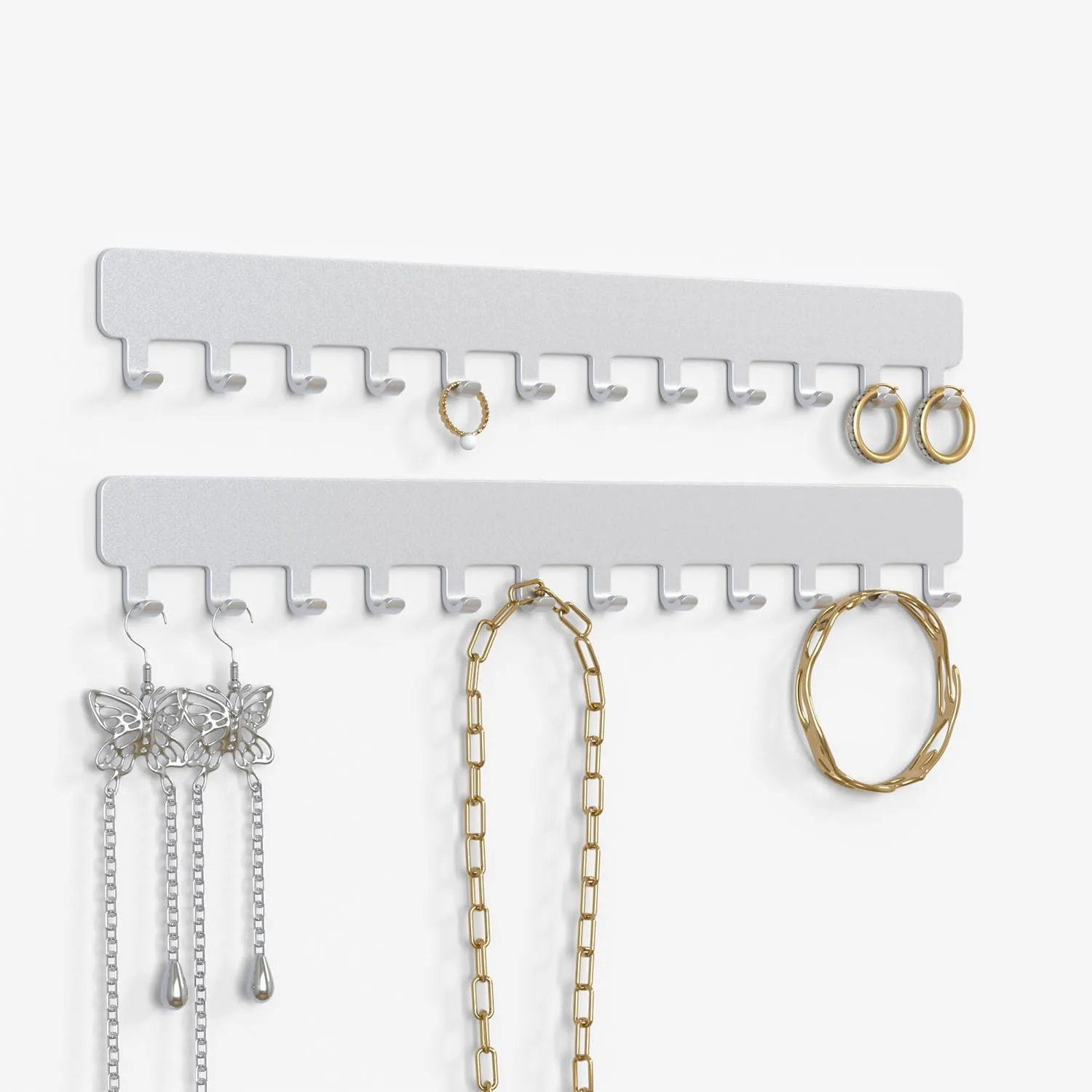 Necklace Holder - Hanging Jewelry Organizer, Self-Adhesive, Wall Mount, 2 Pack, Painted Silver
