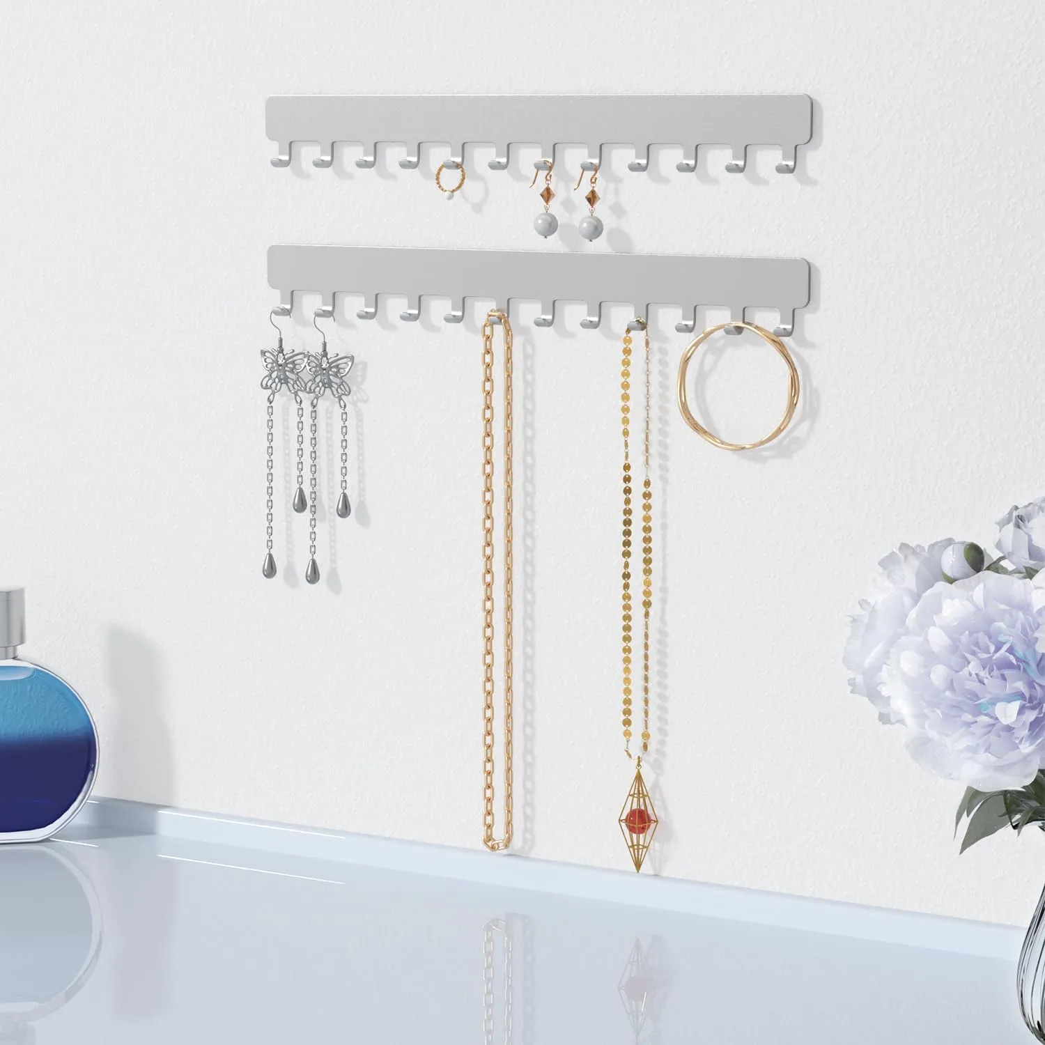 Necklace Holder - Hanging Jewelry Organizer, Self-Adhesive, Wall Mount, 2 Pack, Painted Silver