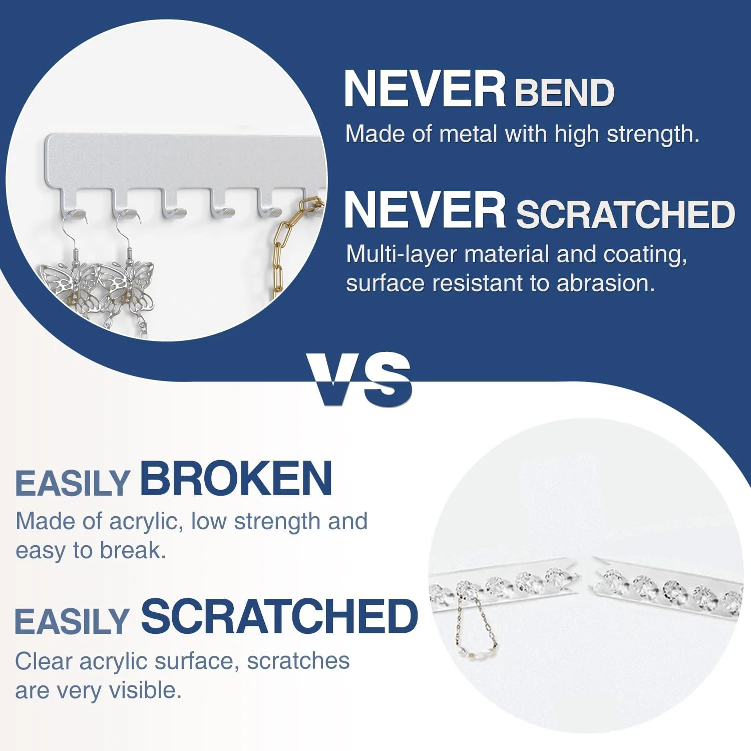 Necklace Holder - Hanging Jewelry Organizer, Self-Adhesive, Wall Mount, 2 Pack, Painted Silver